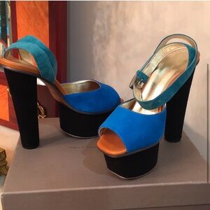 Halston Heritage Pippa Suede leather Black Blue Ankle Strap Platform Sandal sz 7